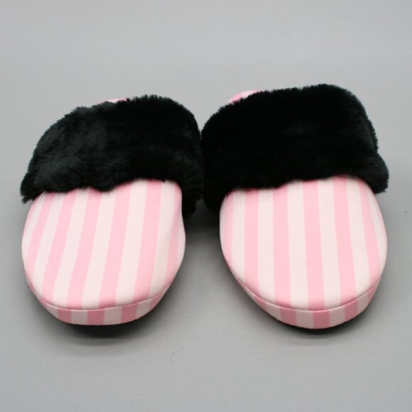 Victoria's Secret Ladies 9-10 L Pink Stripe Faux-Fur Satin House Shoes Slippers - Picture 6 of 10